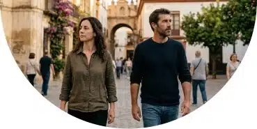 Pareja caminando en Sevilla mirando en direcciones distintas con gesto reflexivo